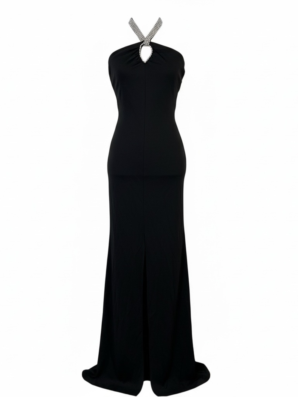 Jovani Embellished Halter Neck Black Gown with Front Slit Size 6
